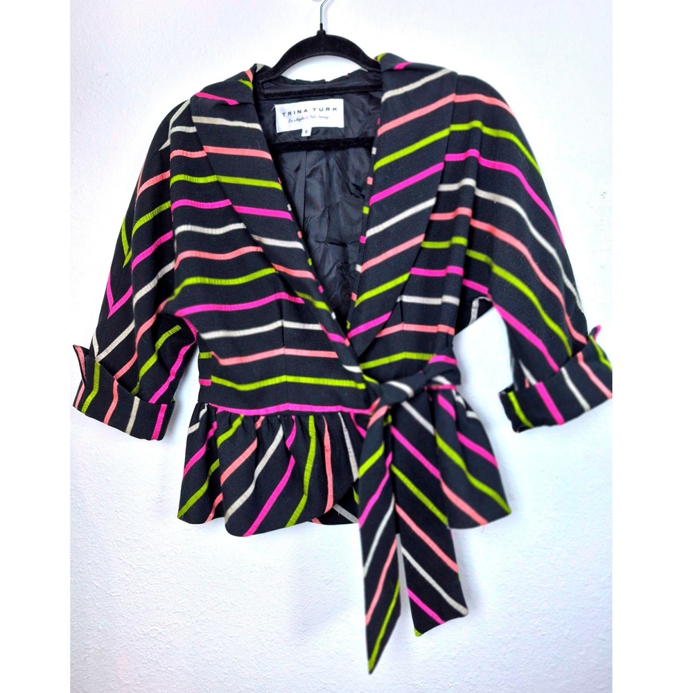 Trina Turk Womens 6 Black Striped Wrap Peplum Top Shawl Collar Short‎ Sleeve
